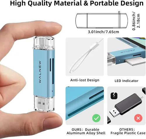 Vista 5 de Lector de tarjetas SD, WALNEW USB 3.0 y adaptador de tarjeta de memoria USB-C a SD/TF para Mac, MacBook, computadora/PC, laptop, iPad, teléfono