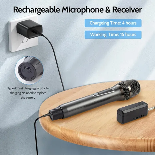 Vista 3 de Micrófono inalámbrico de karaoke - Sistema de micrófono de mano Plug & Play con receptor para Smart TV, canto, fiestas (negro, 1 micrófono)