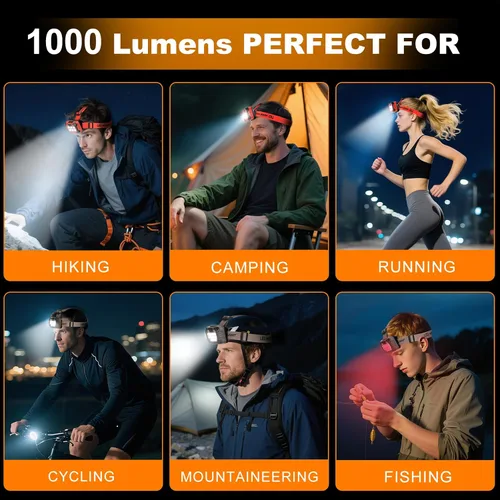 Vista 7 de Linterna frontal LED recargable con batería para casco, 5 modos de luz, 1000 lúmenes, USB-C, impermeable, brillante, exterior, camping, esencial