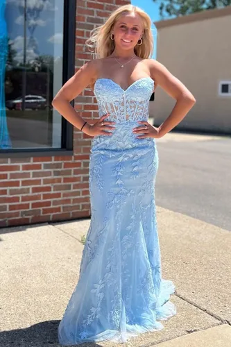 Vista 2 de Elegante vestido de fiesta de encaje largo sin tirantes, vestido de noche formal para mujer, vestido de fiesta RO119