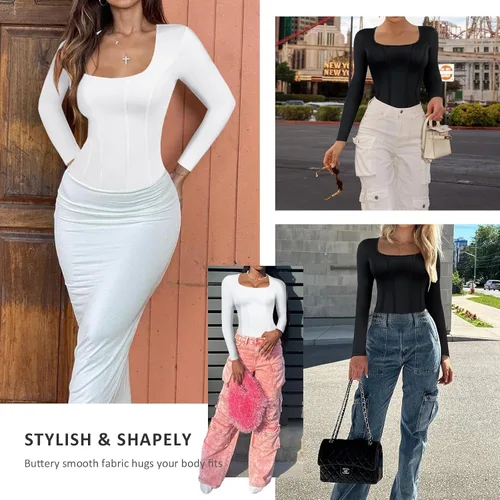 Vista 6 de Long Sleeve Bodysuit for Women Tummy Control Thong Tops Square Neck Body Suit Short Sleeve Going Out Bodysuits