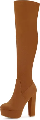 Vista 9 de Perphy Botas altas de tacón grueso sobre la rodilla para mujer Beige