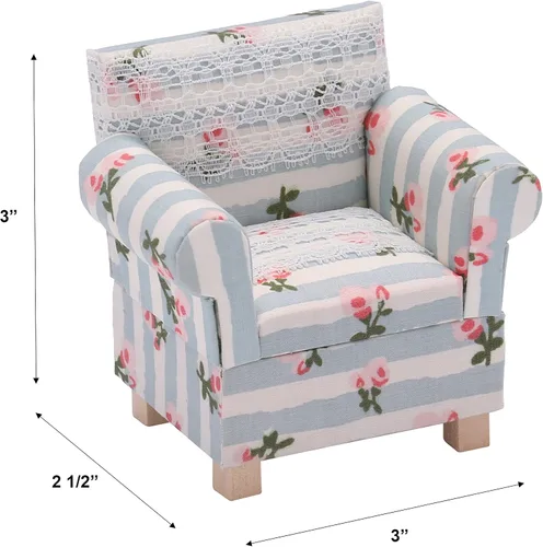 Vista 3 de Sofá de casa de muñecas con otomana, sillón en miniatura, muebles de sala de estar, accesorios para muñecas de 6 pulgadas, escala 1/12, azul