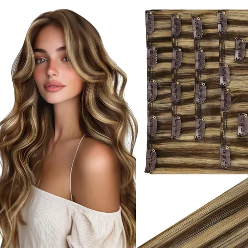 Vista 72 de Ve Sunny Extensiones de cabello clip-in de cabello humano real con reflejos, extensiones de cabello con clip para cabello corto, marrón oscuro