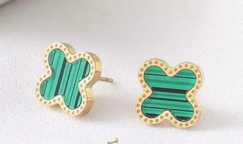 Vista 5 de Pendientes Trébol Verde, Chapado en oro amarillo, Rubí