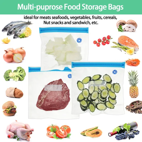 Vista 7 de Chumia Paquete de 60 bolsas Sous Vide reutilizables con sellado al vacío con válvula de aire, almacenamiento de cremallera al vacío con válvula