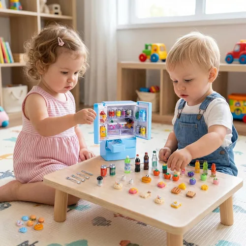 Vista 7 de Dollhouse - Mini refrigerador de juguete con 90 piezas de mini juego de jugo de helado de comida, juguete de nevera en miniatura para casa