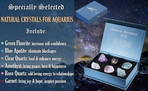 Vista 2 de Faivykyd Regalo de cristales de acuario para mujer, 6 piedras del zodiaco de acuario con 50 tarjetas de afirmación de mantras milagrosos, regalos