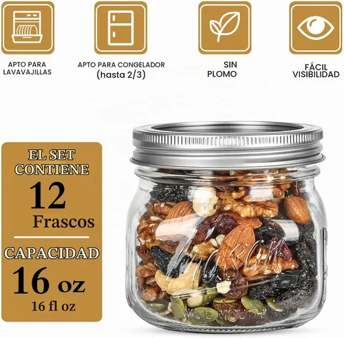 Vista 2 de Ieavier 12 tarros Mason de boca ancha de 16 onzas con tapas herméticas y 16oz-12