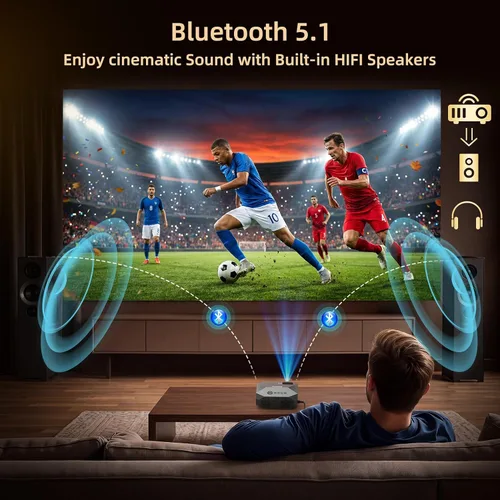 Vista 5 de FUDONI Proyector con WiFi y Bluetooth, soporte 4K para exteriores, proyector HD 1080P Max 300 pulgadas, proyector portátil de cine en casa Negro