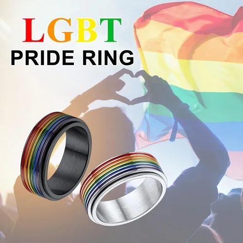 Vista 2 de Anillo giratorio LGBT de acero inoxidable con diseño de arco iris Love is Love Gay Lesbians Pride Jewelry Anillos para hombres y mujeres
