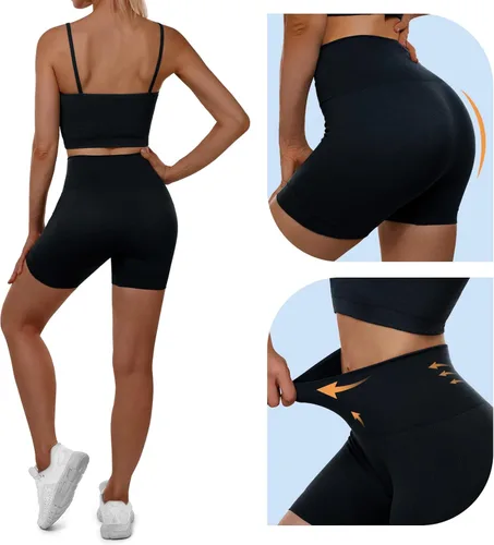 Vista 5 de Sportneer Workout Sets for Women 2 Piece Ribbed Seamless Y-back Longline Sports Bra & High Waist Shorts Matching Gym Yoga