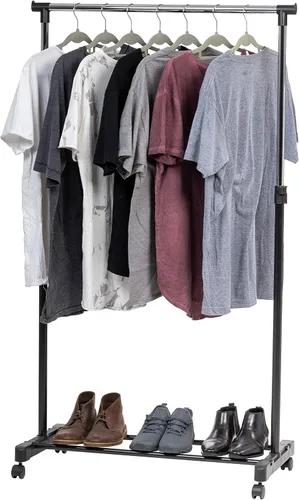 Vista 12 de IRIS USA Perchero portátil de doble barra ajustable con barra extensible y ruedas con bloqueo, ropa rodante, armario de doble barra, fácil