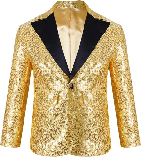 Vista 9 de Kids Boys Shiny Sequins Suit Jacket Wedding Pageant Formal Tuxedo Long Sleeve Coat Party Dance Costumes Negro
