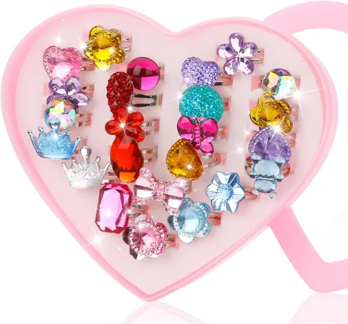 Vista 3 de Hifot 24 anillos ajustables de cristal para niñas, anillos de dedo de joyería de princesa con caja en forma de corazón, anillos de simulación