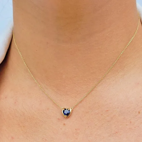 Vista 18 de 18K Solid Yellow Gold Genuine Gemstone Choker Necklace, 15 inches Chain Pendant Dainty Necklace gift for her