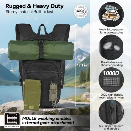 Vista 2 de MARCHWAY Mochila de Hidratación Táctica Molle con Vejiga de Agua de TPU de 2.5L, Mochila Militar Organizada de Perfil Bajo para Senderismo, Negro