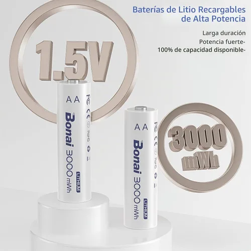 Vista 2 de BONAI Baterías recargables AA de litio con cargador, 3000 mWh 1.5 V pilas AA para cámara Blink 8 unidades con carga rápida de 2 horas, color azul