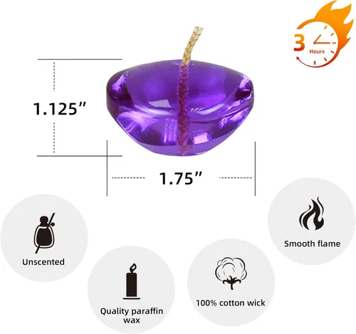 Vista 7 de Zest Candle Velas flotantes de 12 piezas, 1.75 pulgadas, gel morado transparente