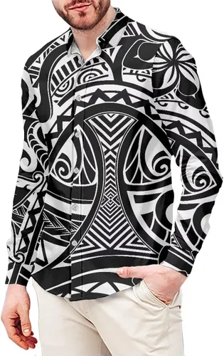 Vista 19 de Camisetas polinesias de manga larga para hombre para hombre, diseño floral de plantas tropicales, camisa con botones en la parte superior