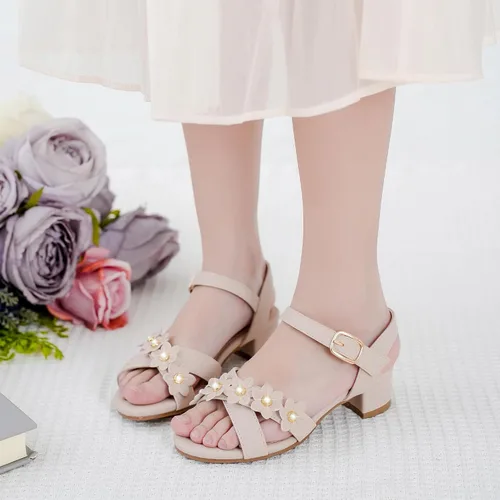 Vista 2 de LAURMOSA Sandalias para niñas, tacones para niños, puntera abierta, correa al tobillo, zapatos de vestir, flores para boda, fiesta para niños