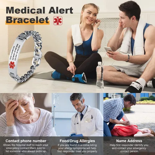 Vista 2 de Pulseras de identificación de alerta médica personalizadas para mujeres y hombres, pulseras médicas de emergencia para adultos, pulseras médicas