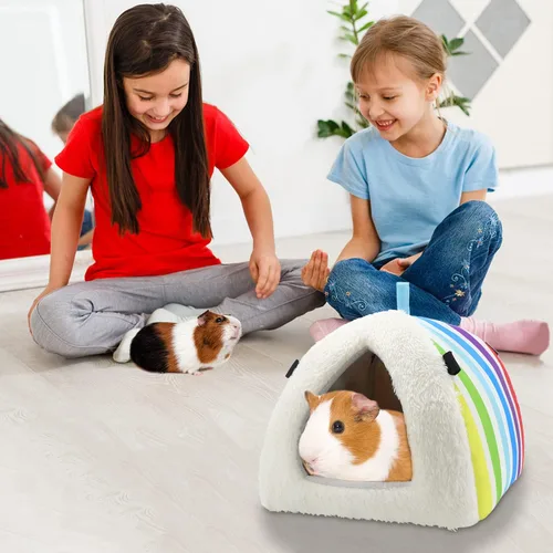 Vista 5 de Wontee Cama de conejillo de indias, escondite acogedor cueva para hámsters, ratas, erizo, jaula de cobayas, accesorios (grande, arcoíris)