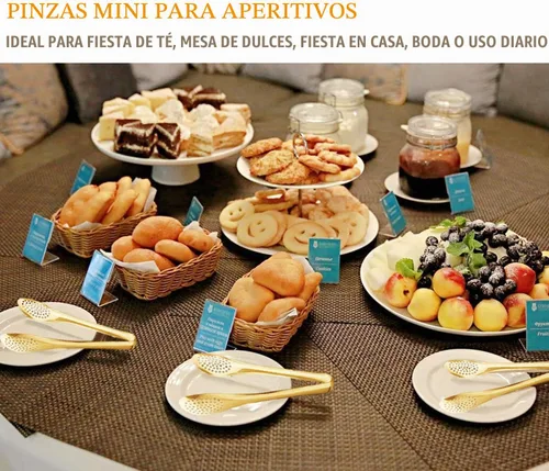 Vista 4 de Pinzas doradas para servir, de acero inoxidable de 5 pulgadas, pinzas pequeñas para aperitivos, pinzas para azúcar, pinzas para hielo, juego de 4