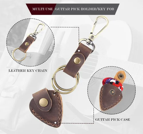 Vista 5 de Llavero con llavero, llavero de cuero hecho a mano para mujeres y hombres, organizador de llavero con funda para púas de guitarra