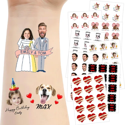 Vista 18 de Tatuajes temporales personalizados para la cara, tatuajes faciales personalizados con nombre de foto, logotipo, texto, calcomanía de tatuaje falsa