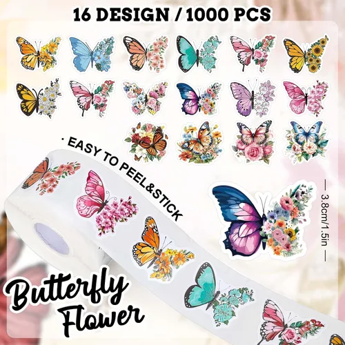 Vista 2 de Whaline 1000 calcomanías de flores de mariposa, rollo floral de primavera, 16 diseños, acuarela, autoadhesivas, calcomanías decorativas para sobres