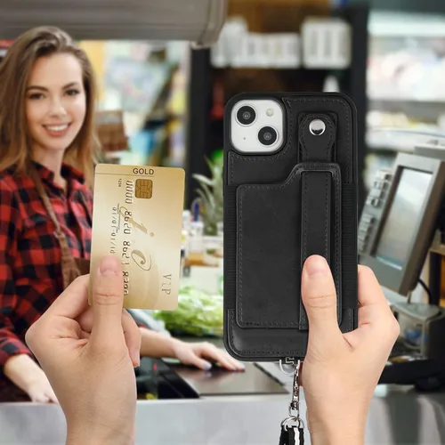 Vista 9 de TOOVREN Funda para teléfono compatible con iPhone 14 Plus, compatible con iPhone 14 Plus, funda con correa para tarjetero, cordón de cuero para Negro