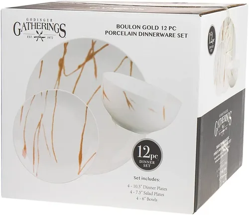 Vista 3 de Godinger Juego de vajilla, platos llanos, platos para ensaladas y apeptizadores, cuencos de sopa, juego de vajilla de porcelana, Boulon Gold, juego