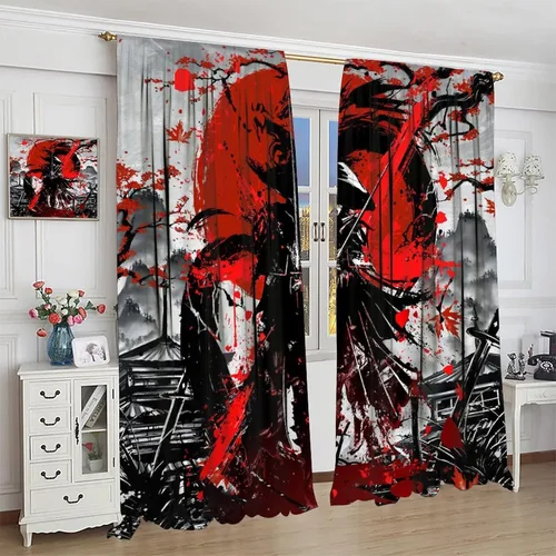 Vista 4 de Cortinas opacas con temática japonesa para sala de estar, cortinas de ventana con diseño de samuráis de anime en acuarela y flores de cerezo