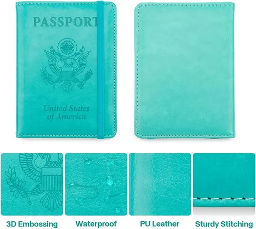 Vista 4 de Soporte para pasaporte y tarjetero de vacuna, cartera para pasaporte, funda para pasaporte con bloqueo RFID, Azul lago, Compacto