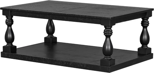 Vista 6 de P PURLOVE Mesa de centro de madera maciza, moderna mesa de centro de granja con rectángulo de almacenamiento para sala de estar, color negro