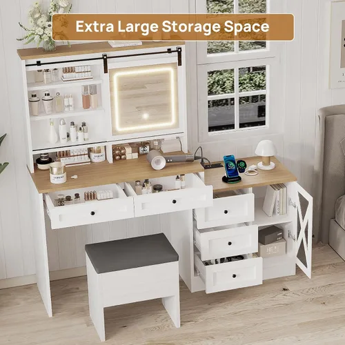 Vista 6 de Escritorio de maquillaje de granja de 56 pulgadas con espejo deslizante y luces, color blanco Rustic Dressing Table with Charging Station Power