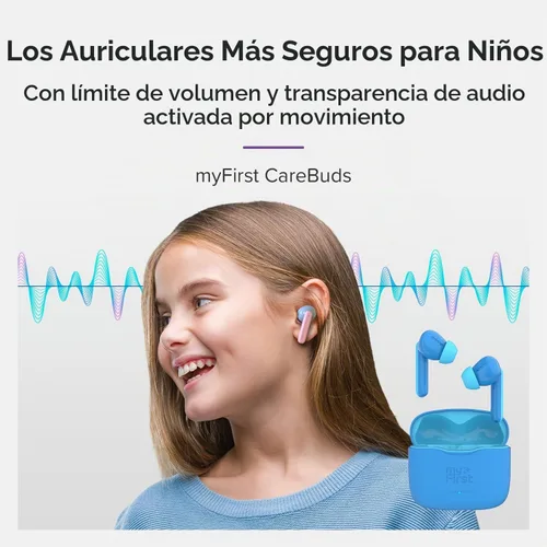 Vista 2 de myFirst Carebuds Auriculares para Niños - Auriculares Inalámbricos Bluetooth Verdaderos con Límite de Volumen de 85db, Micrófono, Estuche de Carga