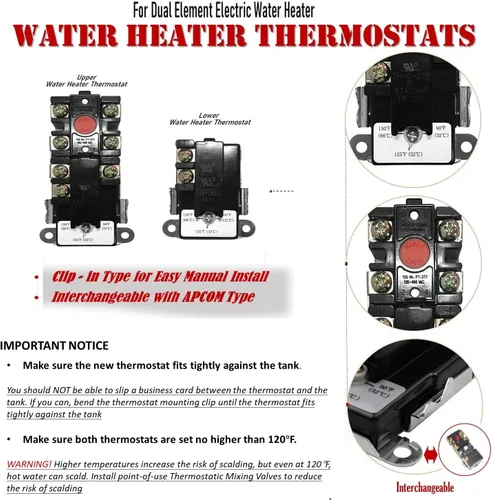 Vista 6 de EWH-03 Kit de ajuste del calentador de agua eléctrico con llave de elementos, incluye termostato de calentador superior e inferior, 2 elementos