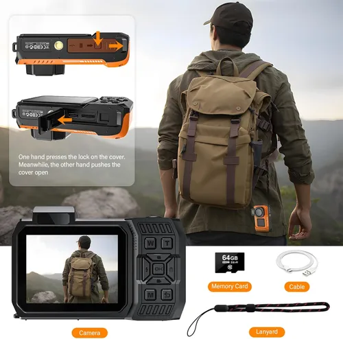 Vista 7 de Cámara digital WiFi de 8K UHD 70MP con tarjeta de 64 GB, resistente, impermeable, a prueba de polvo, a prueba de golpes, cámara submarina de 33