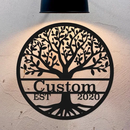 Vista 2 de Letreros metálicos personalizados con nombre del árbol de la vida, negro, 15.75 x 11.81 pulgadas, personalizados, montaje en pared, hierro, de 12 a