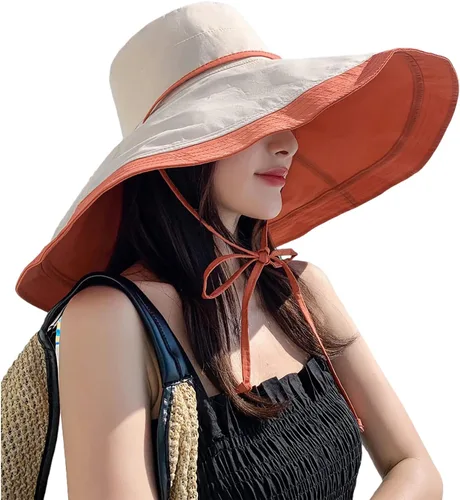 Vista 60 de Sombrero de sol de ala súper ancha para mujer, de algodón, plegable, reversible, con borde con cable, protección UV, verano, playa, viajes, jardín