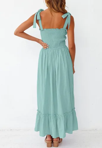 Vista 4 de ZESICA vestido bohemio y liso de verano para mujer, acampanado, con tirantes delgados, cuello cuadrado y volantes, vestido largo para la playa