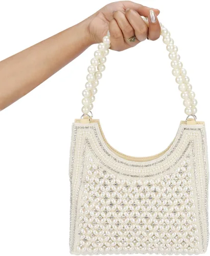 Vista 5 de Bolso de mano de perlas de estilo indio, bolso de mano de noche para mujeres y niñas, Blanco sucio