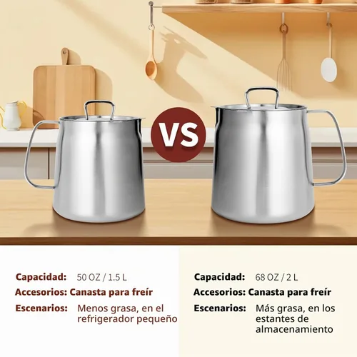 Vista 7 de Olla de Freidora Profunda de Acero Inoxidable 304 de 50oz con Cesta y Colador, Recipiente de Gran Capacidad para Grasa de Tocino para Cocina