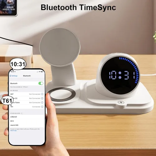 Vista 6 de Estación de carga inalámbrica 6 en 1 con función de altavoz Bluetooth, soporte de carga para múltiples dispositivos para Apple iPhone 17 16 15 14 13