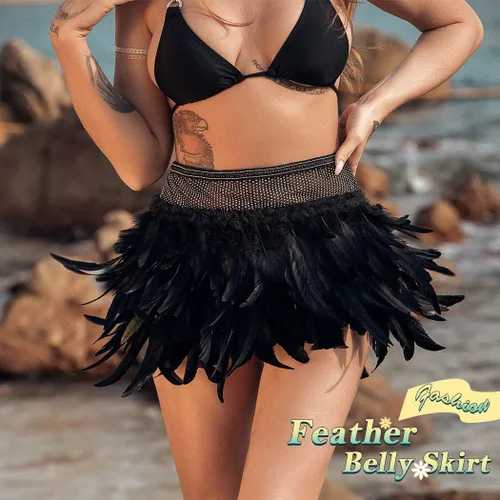 Vista 3 de REETAN Falda de vientre con capas de plumas con diamantes de imitación, falda novedosa de tul para festivales rave, falda ajustable para mujeres