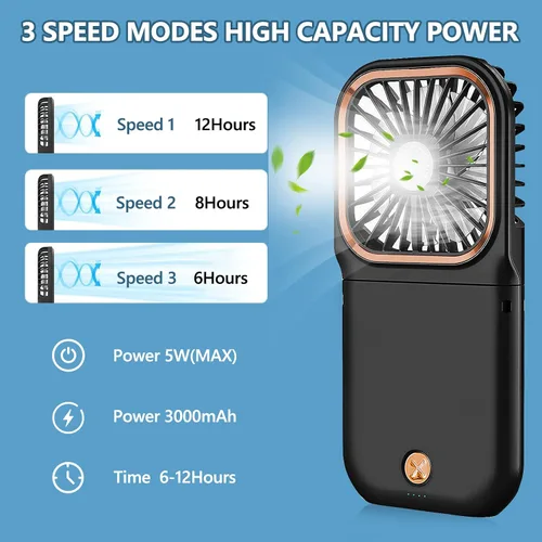 Vista 5 de Ventilador de mano portátil con soporte para teléfono, fuente de alimentación de 3000 mAh, ventilador de cuello recargable USB, ventilador pequeño
