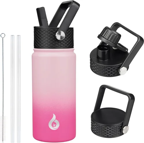 Vista 26 de BJPKPK Botellas de Agua Aisladas con Tapa de Pajita, Botella de Agua de Acero Inoxidable de 18oz, Termo Frío Caliente con 3 Tapas, Vaso de Viaje a