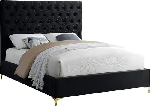 Vista 8 de Meridian Furniture Colección moderna Cruz Cama tapizada de terciopelo contemporánea con acolchonamiento de botones profundos y juegos completos